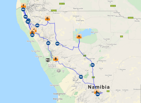 map overview EXCLUSIVE SKELOTON COAST AND ETOSHA TRIP - Dusty Trails Safaris Namibia & Dusty Car Hire Namibia