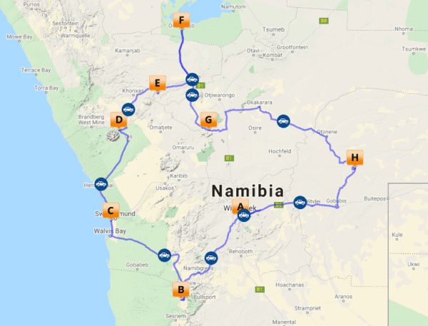 trip map - namibia self drive adventure - Dusty Trails Safaris Namibia & Dusty Car Hire Namibia