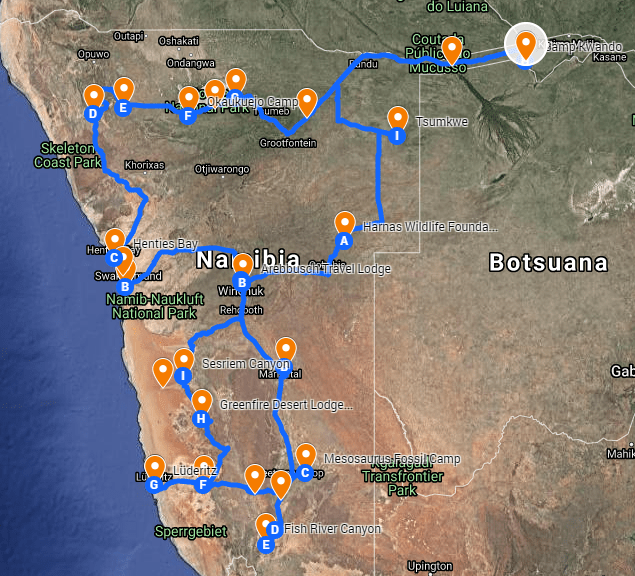 trip overview map of the Namibia Honeymoon Safari is actually done in the end