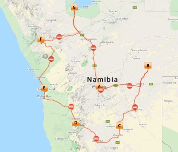 Overview Trip Map - Namibia Highlights - a Dozen Days in Paradise