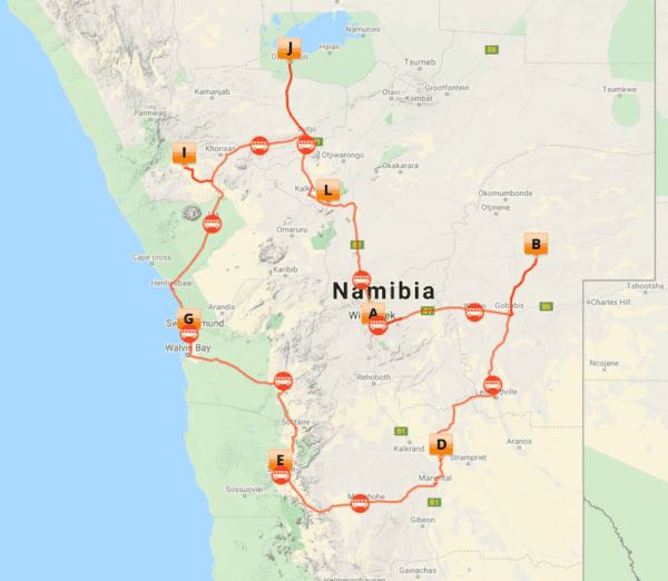 overview trip map - Namibia Camping Adventure